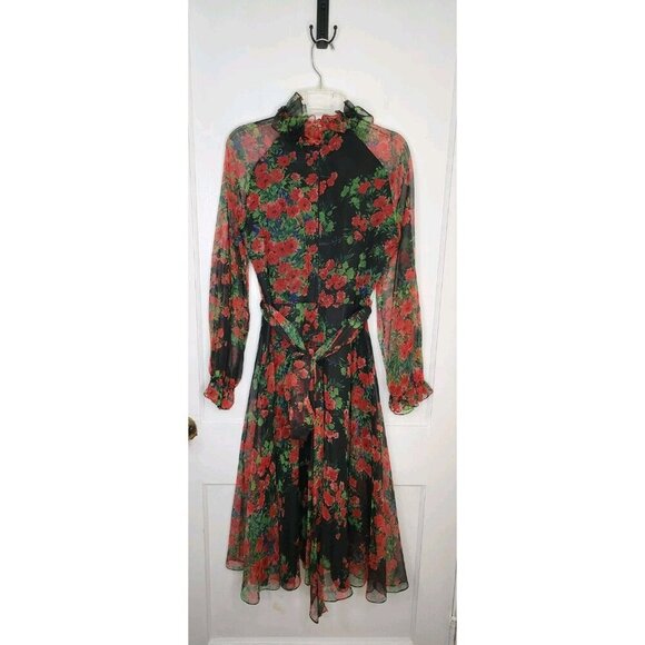 Vintage RONA New York - Chiffon Maxi Dress Black Red Floral Union Label Size S - Picture 2 of 7